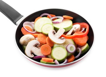 Photo of Frying pan with mix of fresh vegetables and mushrooms isolated on white