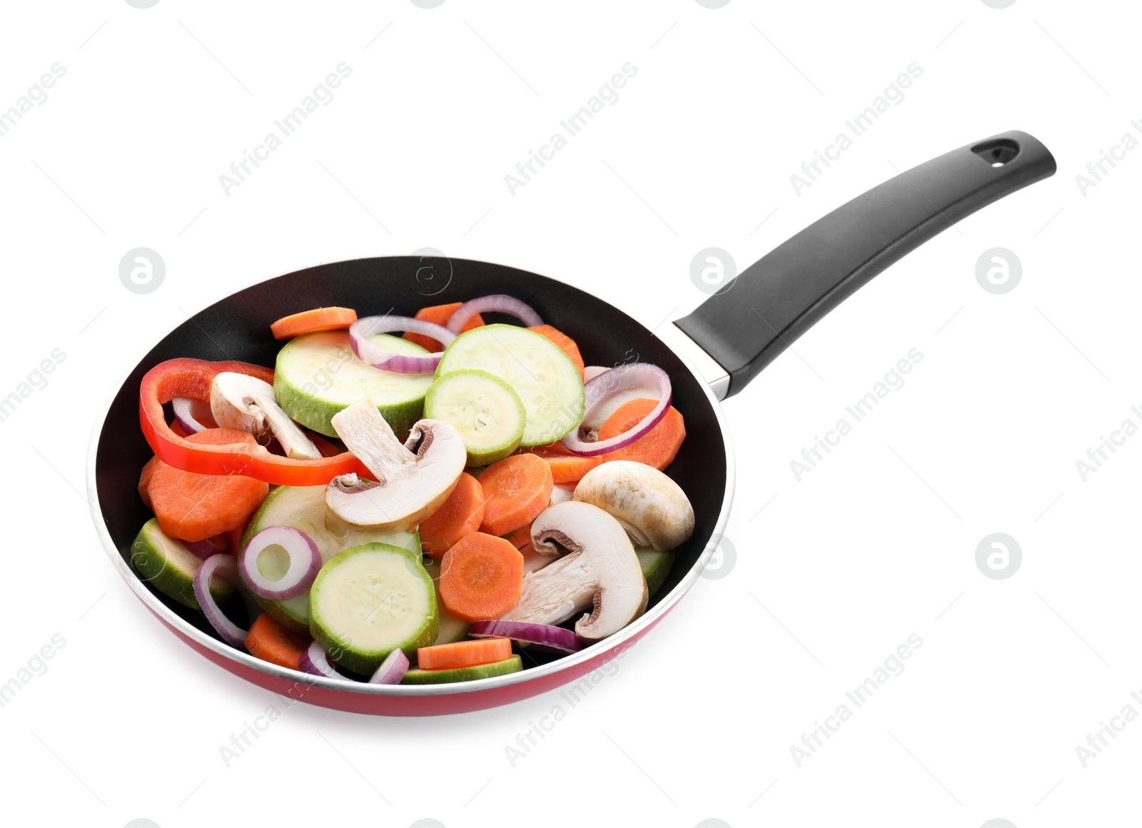 Photo of Frying pan with mix of fresh vegetables and mushrooms isolated on white