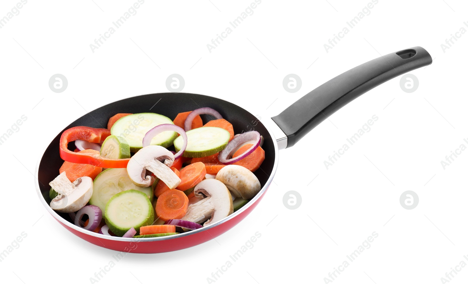 Photo of Frying pan with mix of fresh vegetables and mushrooms in air isolated on white