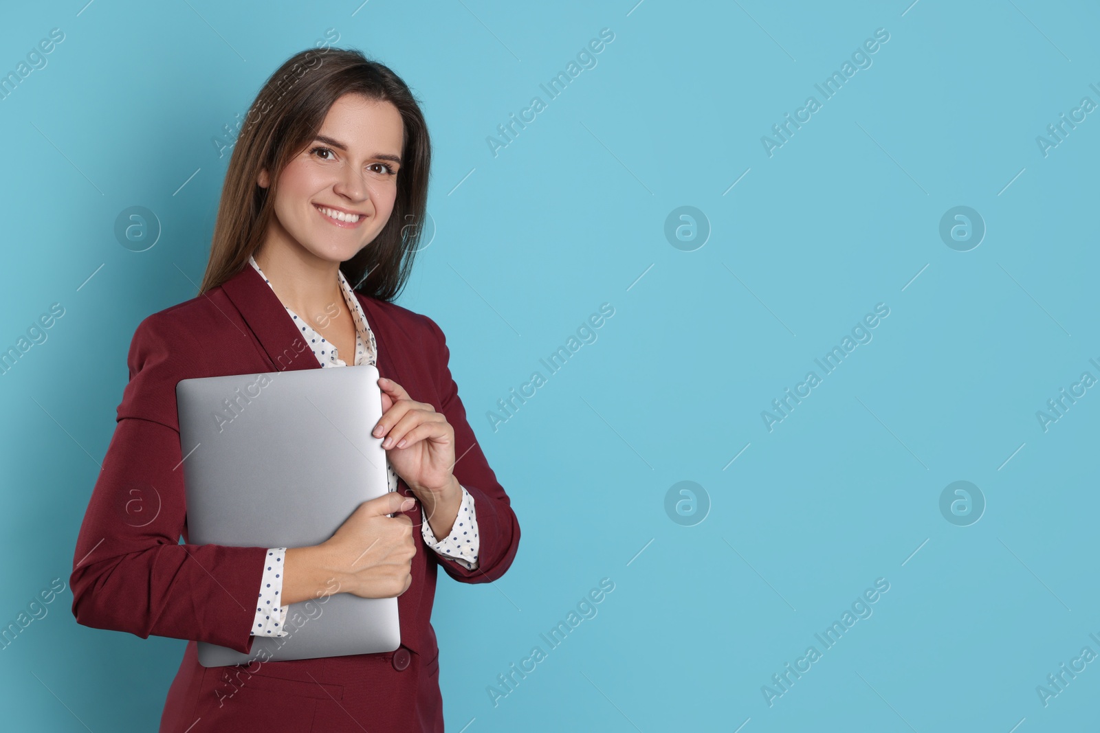 Photo of Banker with laptop on light blue background, space for text