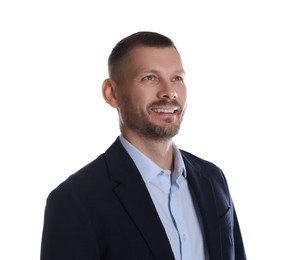 Portrait of happy banker on white background