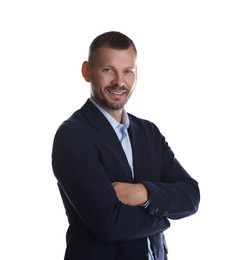 Photo of Portrait of banker with crossed arms on white background