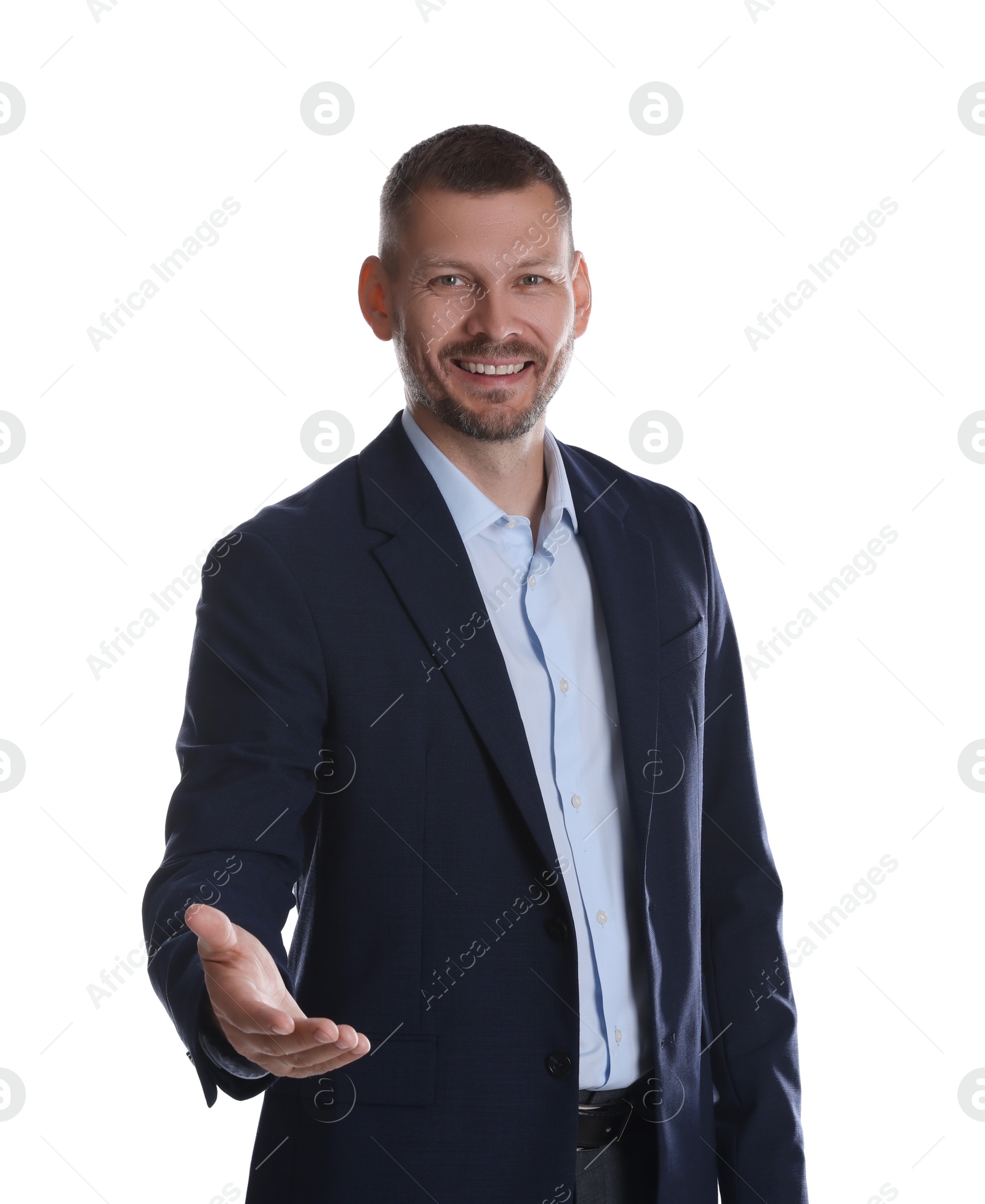 Photo of Portrait of happy banker on white background