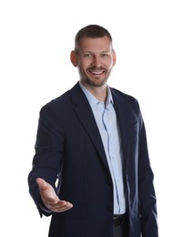 Photo of Portrait of happy banker on white background