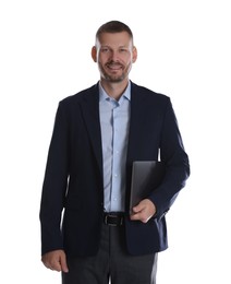 Photo of Portrait of banker with laptop on white background