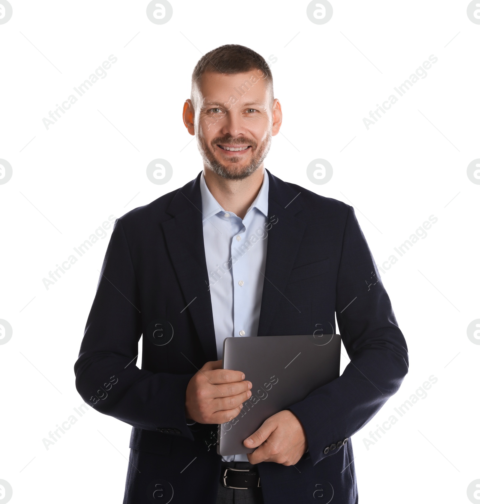 Photo of Portrait of banker with laptop on white background