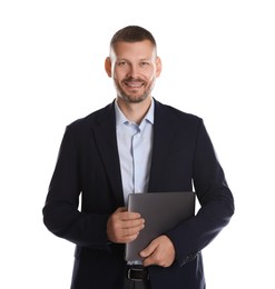 Photo of Portrait of banker with laptop on white background