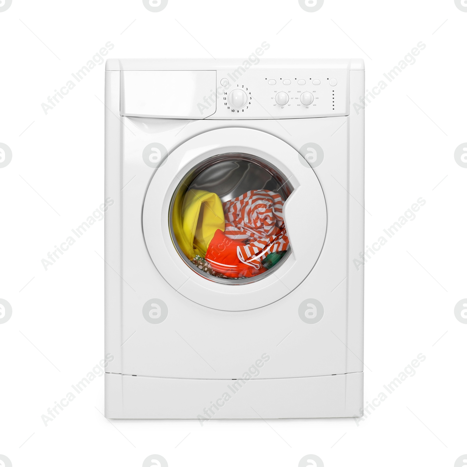 Photo of Washing machine full of colorful clothes isolated on white