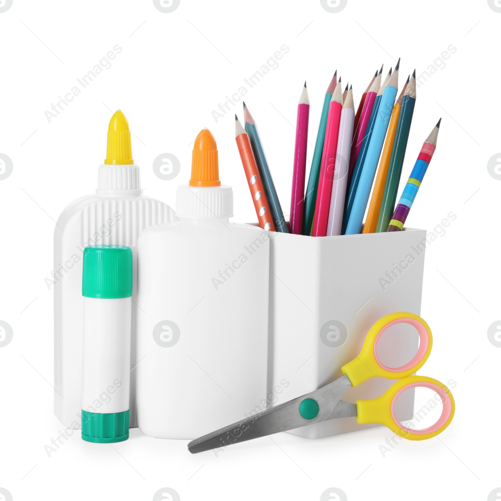 Photo of Different types of glue, pencils and scissors isolated on white