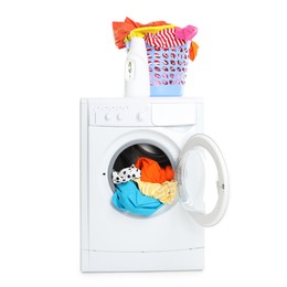 Photo of Washing machine, detergent and laundry basket with colorful clothes isolated on white