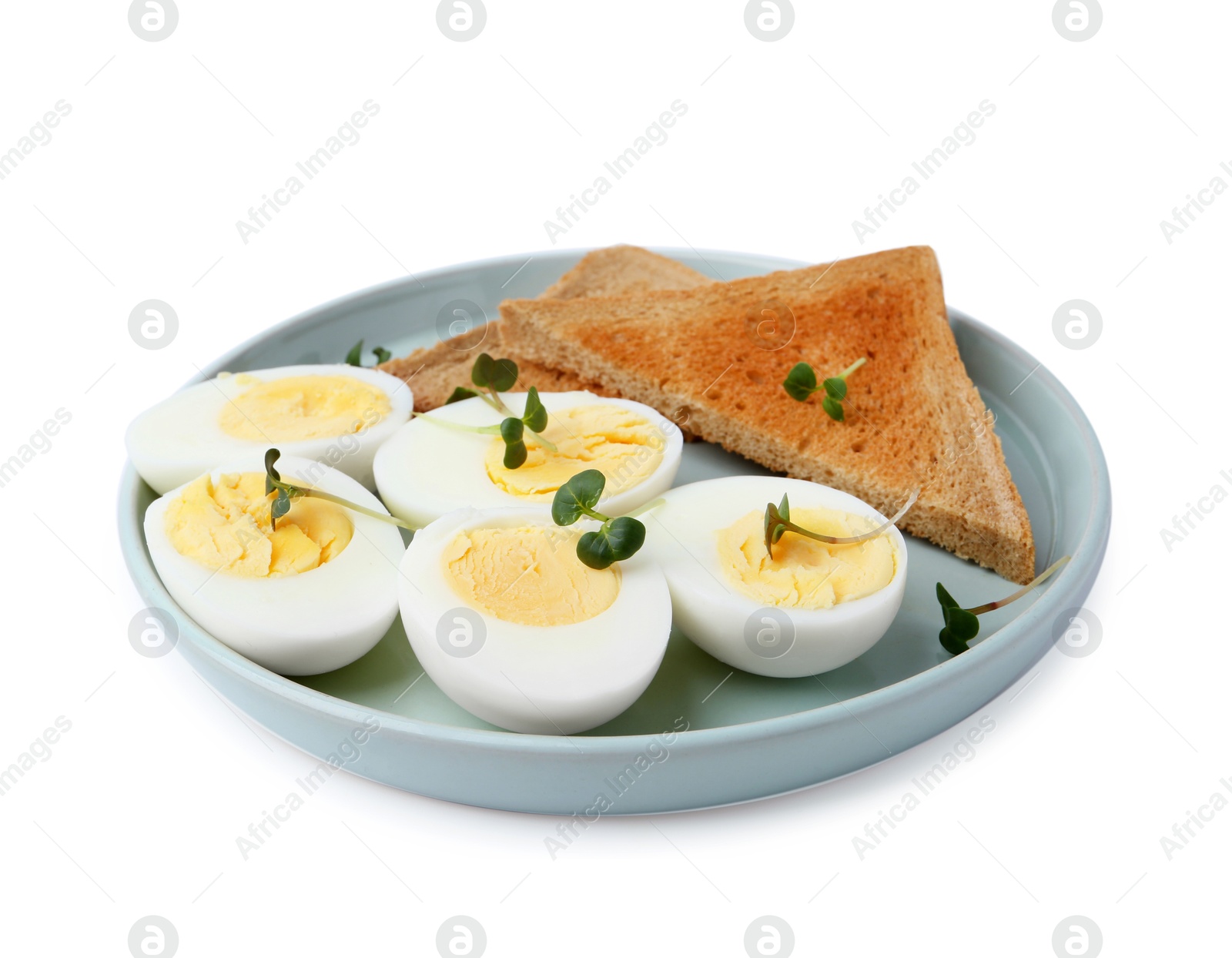 Photo of Halves of hard boiled eggs and bread isolated on white