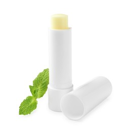 Photo of Mint lip balm and green leaves isolated on white. Cosmetic product