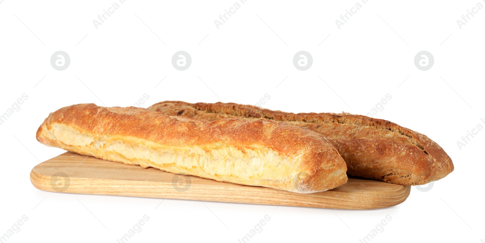 Photo of Two freshly baked baguettes isolated on white