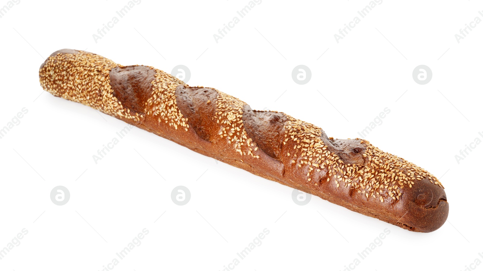 Photo of One fresh baguette with sesame isolated on white