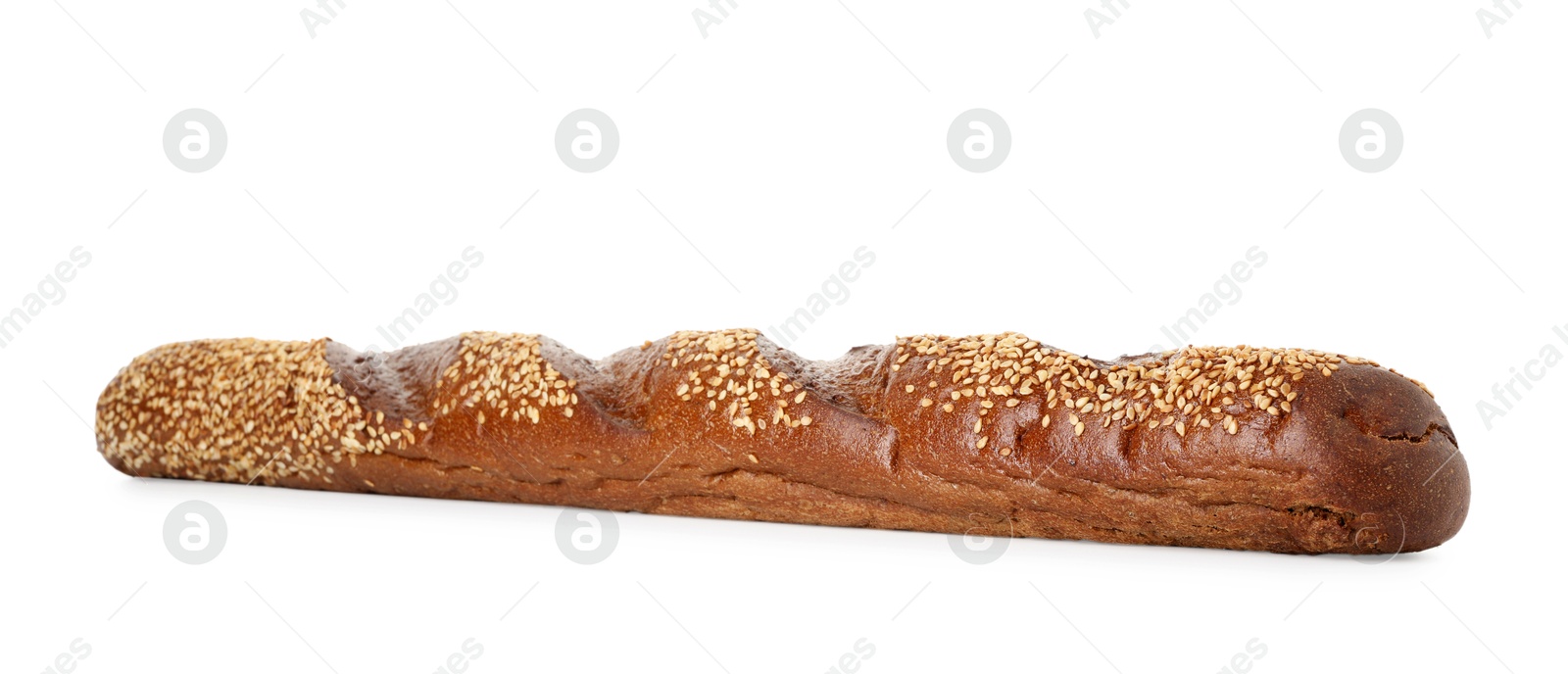 Photo of One fresh baguette with sesame isolated on white