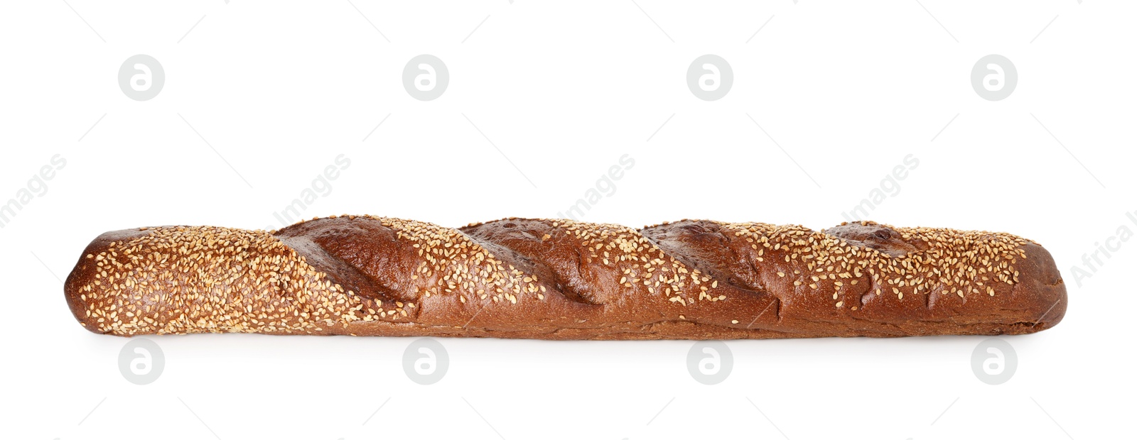 Photo of One fresh baguette with sesame isolated on white