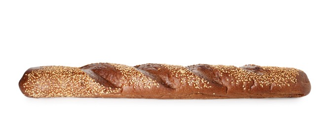 Photo of One fresh baguette with sesame isolated on white