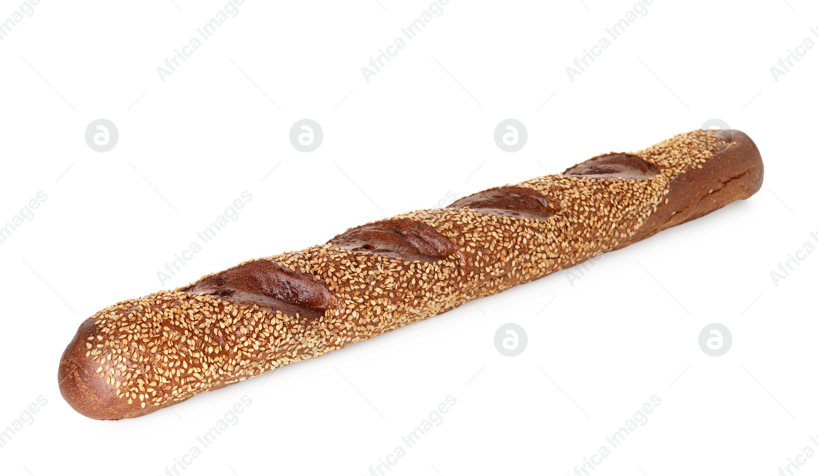 Photo of One fresh baguette with sesame isolated on white