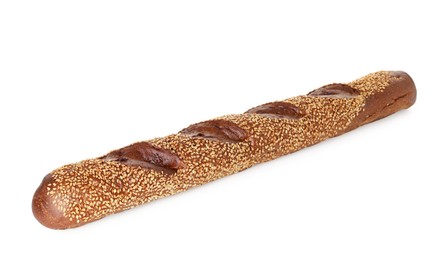 Photo of One fresh baguette with sesame isolated on white