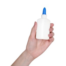 Photo of Woman with bottle of glue on white background, closeup