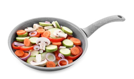 Photo of Frying pan with mix of fresh vegetables and mushrooms isolated on white