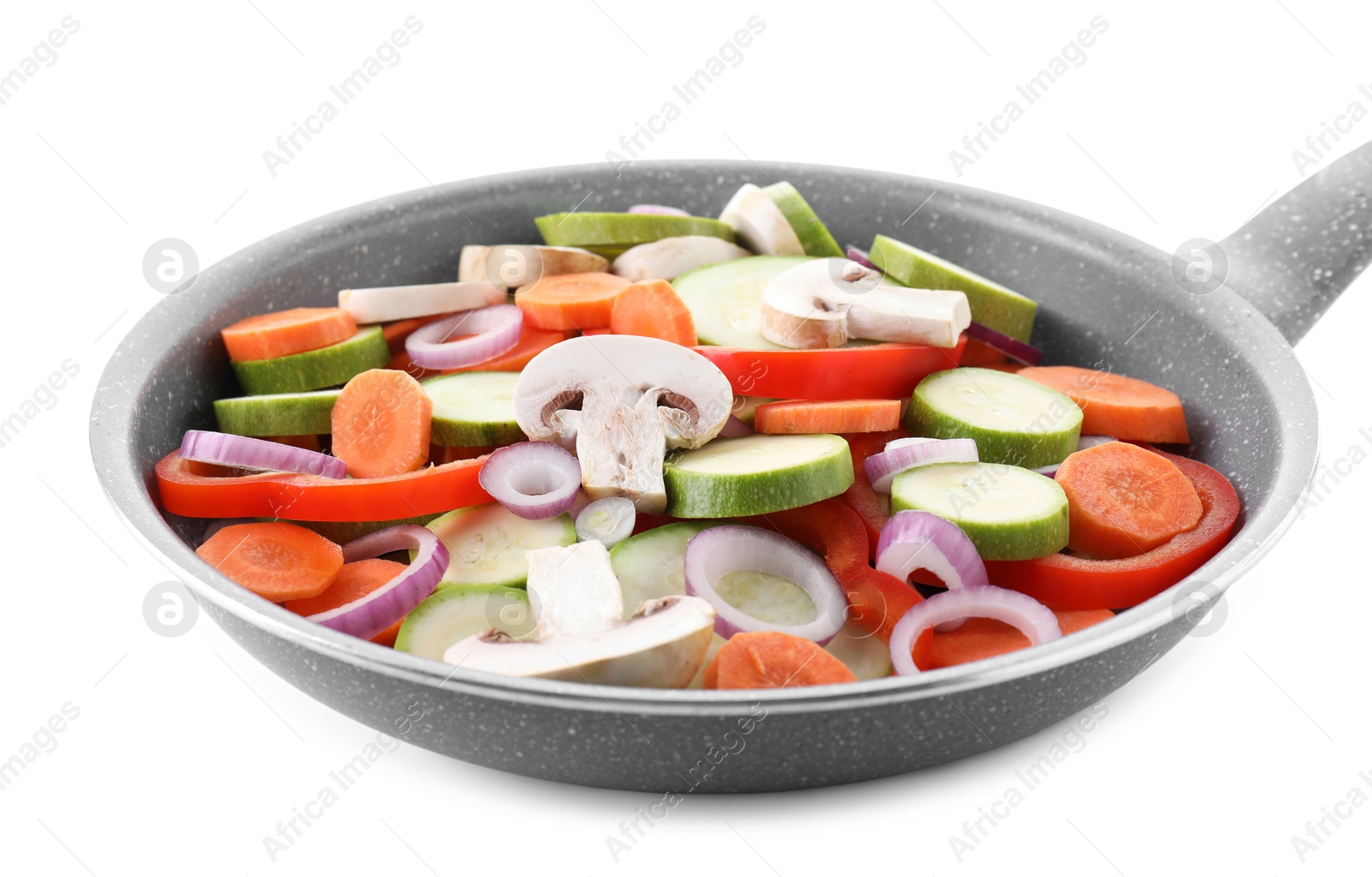 Photo of Frying pan with mix of fresh vegetables and mushrooms isolated on white