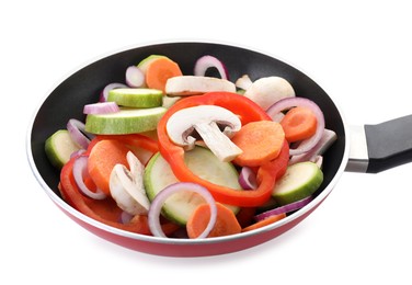 Photo of Frying pan with mix of fresh vegetables and mushrooms isolated on white