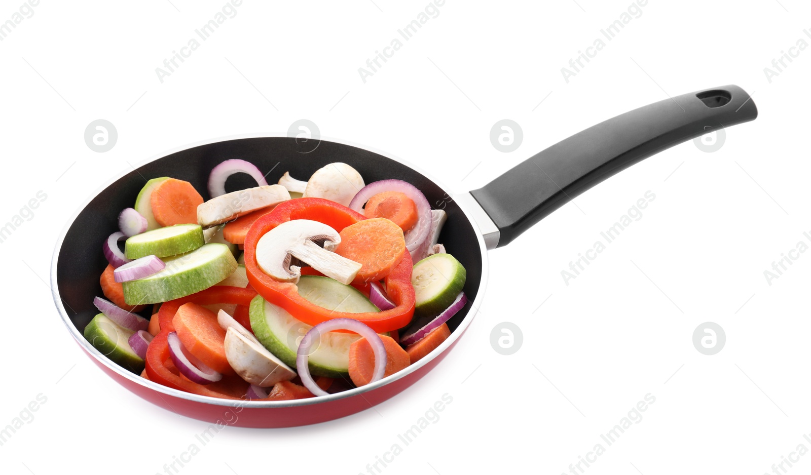 Photo of Frying pan with mix of fresh vegetables and mushrooms isolated on white