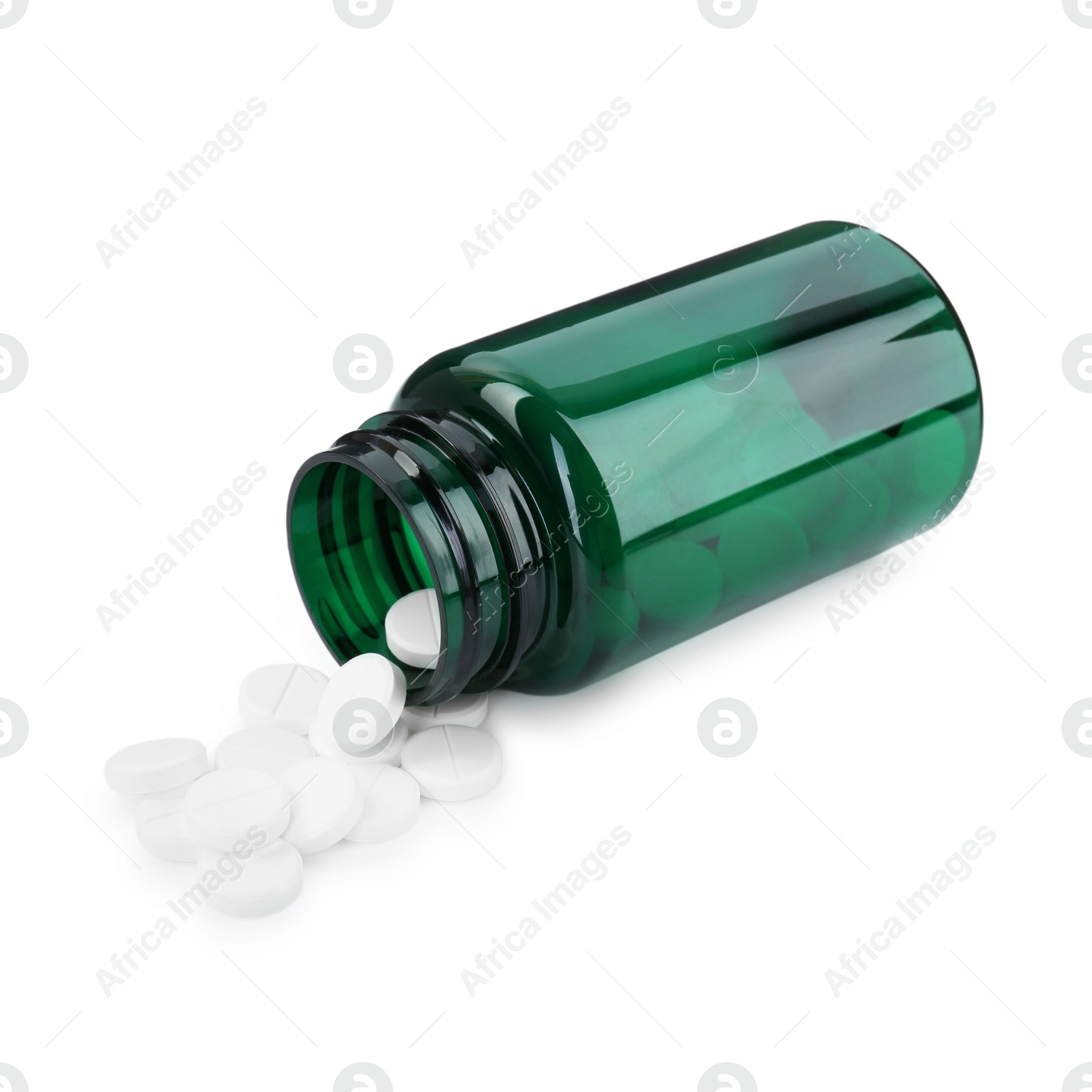 Photo of Medical bottle with antibiotic pills isolated on white