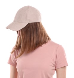 Photo of Woman in stylish baseball cap on white background. Mockup for design