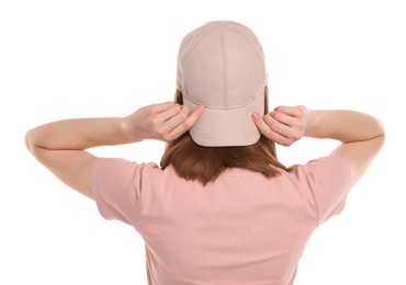 Photo of Woman in stylish baseball cap on white background, back view. Mockup for design