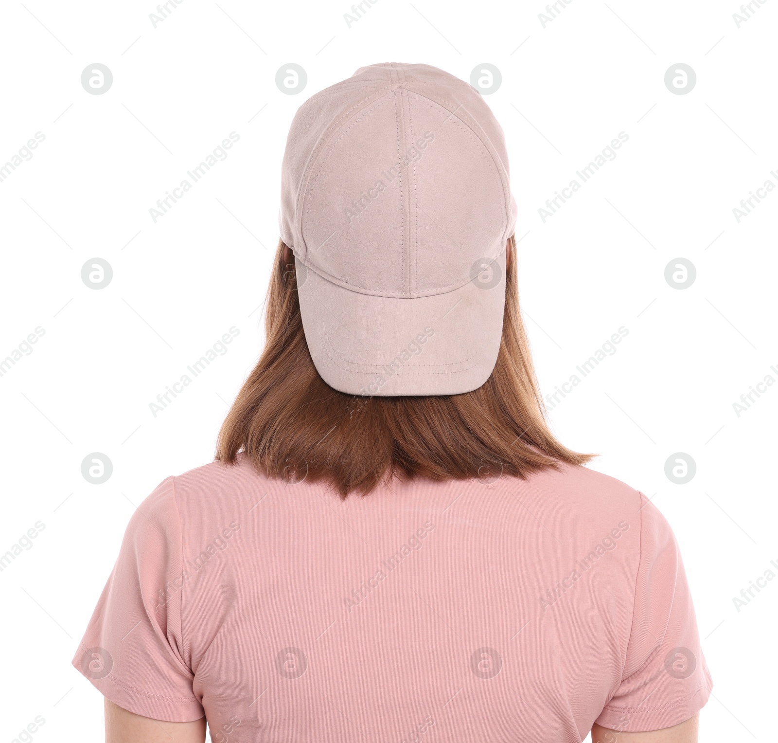 Photo of Woman in stylish baseball cap on white background, back view. Mockup for design