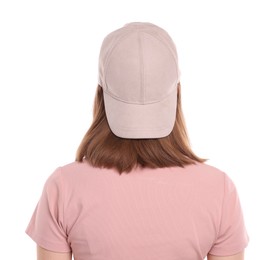 Photo of Woman in stylish baseball cap on white background, back view. Mockup for design