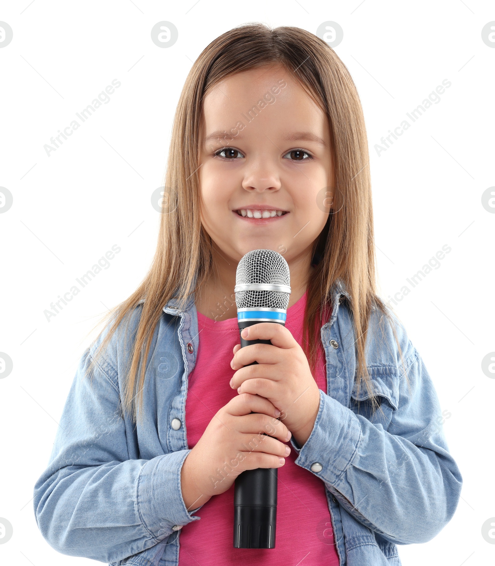 Photo of Smiling girl with microphone on white background