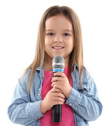 Photo of Smiling girl with microphone on white background