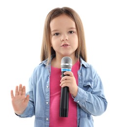 Photo of Cute girl with microphone singing on white background