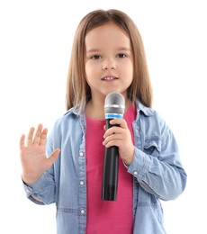 Photo of Cute girl with microphone singing on white background