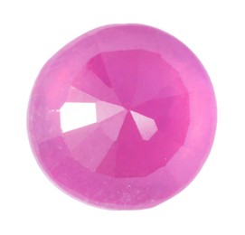 Photo of One shiny pink gemstone isolated on white, top view