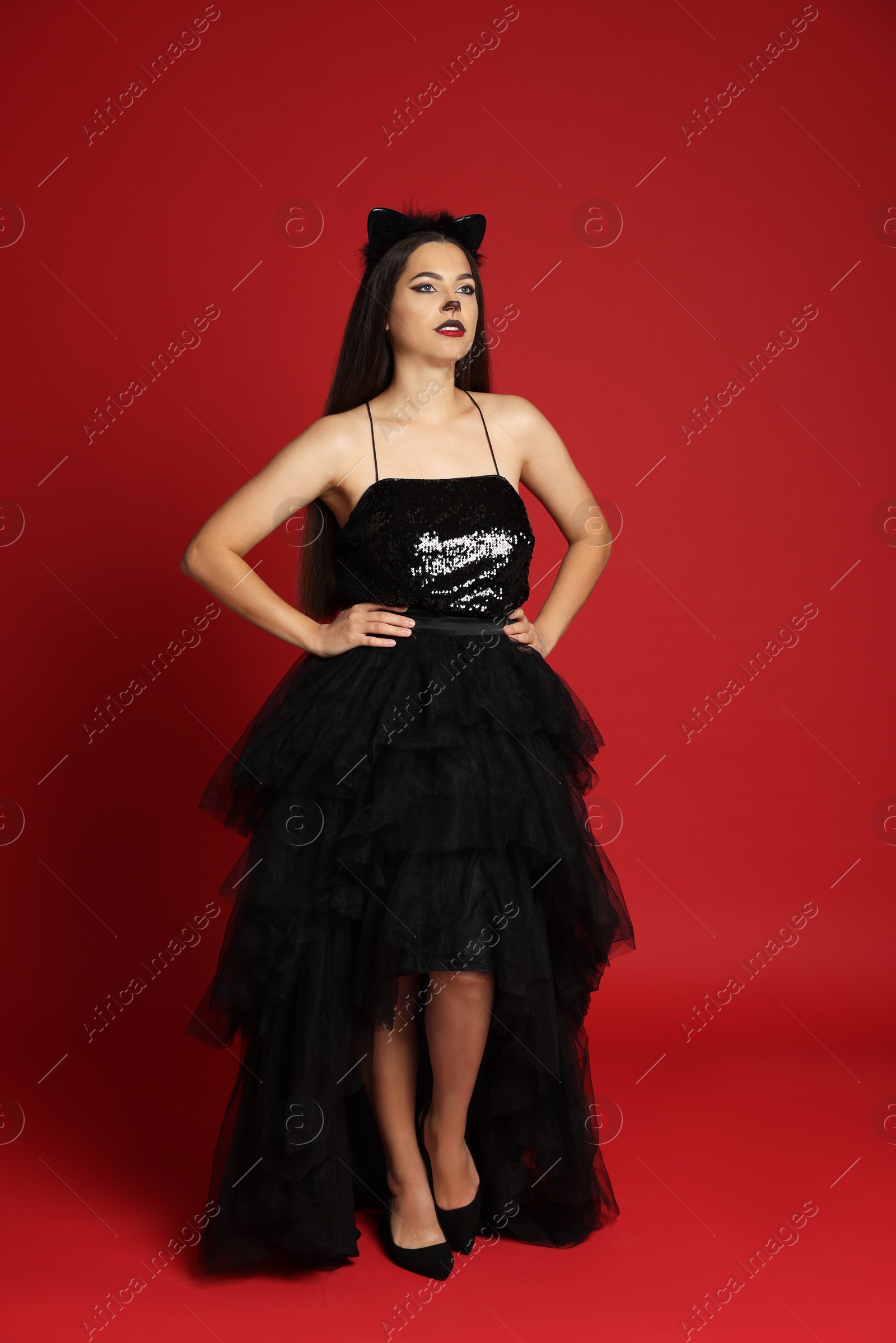 Photo of Woman with cat makeup and ears in beautiful dress on red background