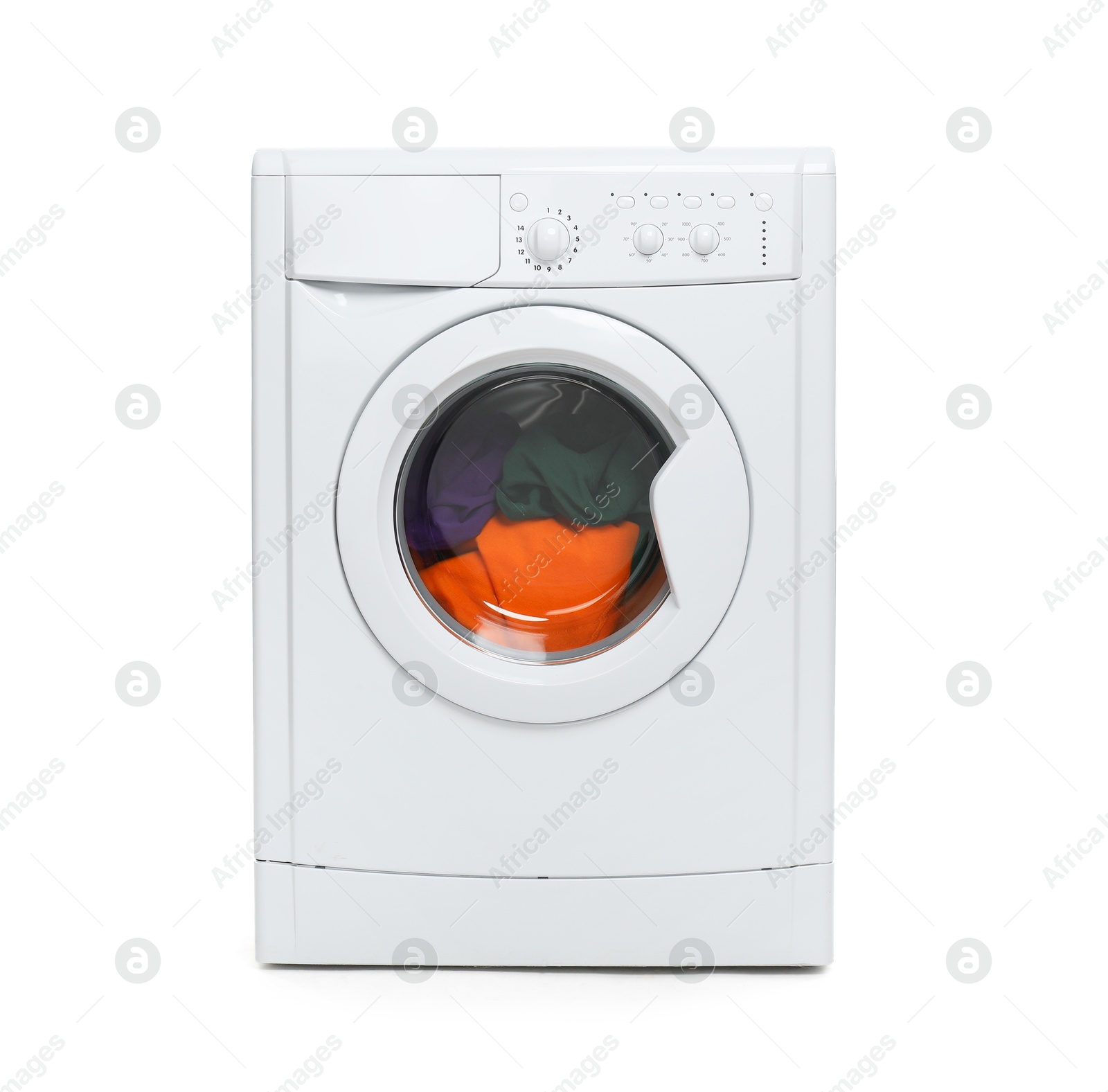 Photo of Modern washing machine with clothes in drum isolated on white