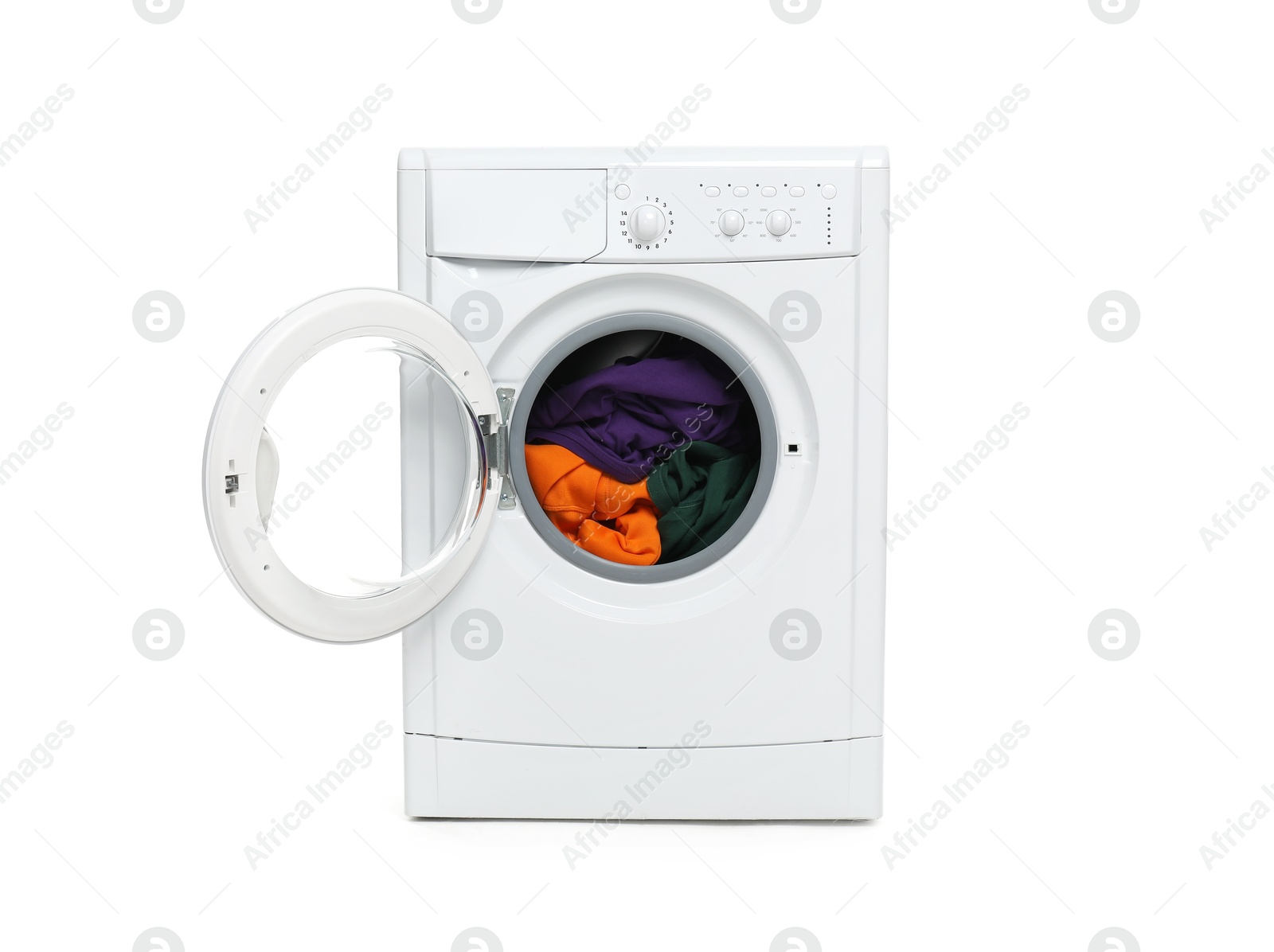 Photo of Modern washing machine with clothes in drum isolated on white