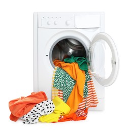 Photo of Washing machine with colorful clothes isolated on white