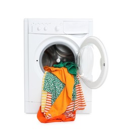 Photo of Washing machine with colorful clothes isolated on white