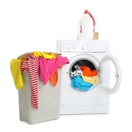 Photo of Washing machine, detergents and laundry basket with colorful clothes isolated on white