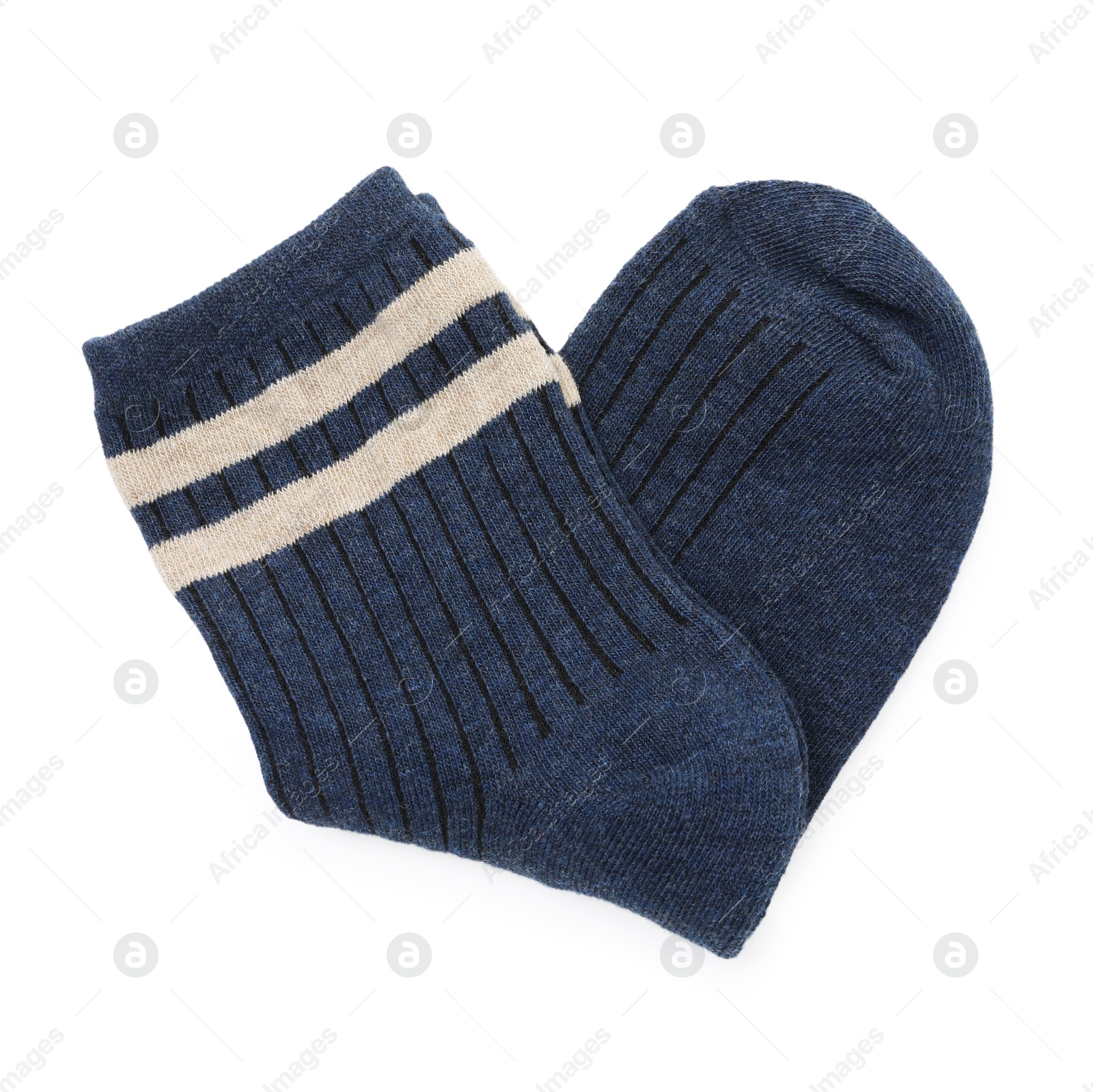 Photo of Pair of soft socks isolated on white, top view