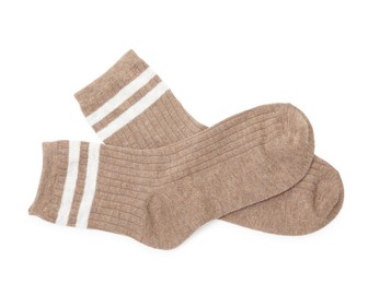 Photo of Pair of soft socks isolated on white, top view