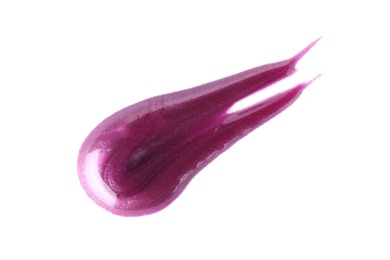 Photo of Sample of purple lipgloss isolated on white, top view