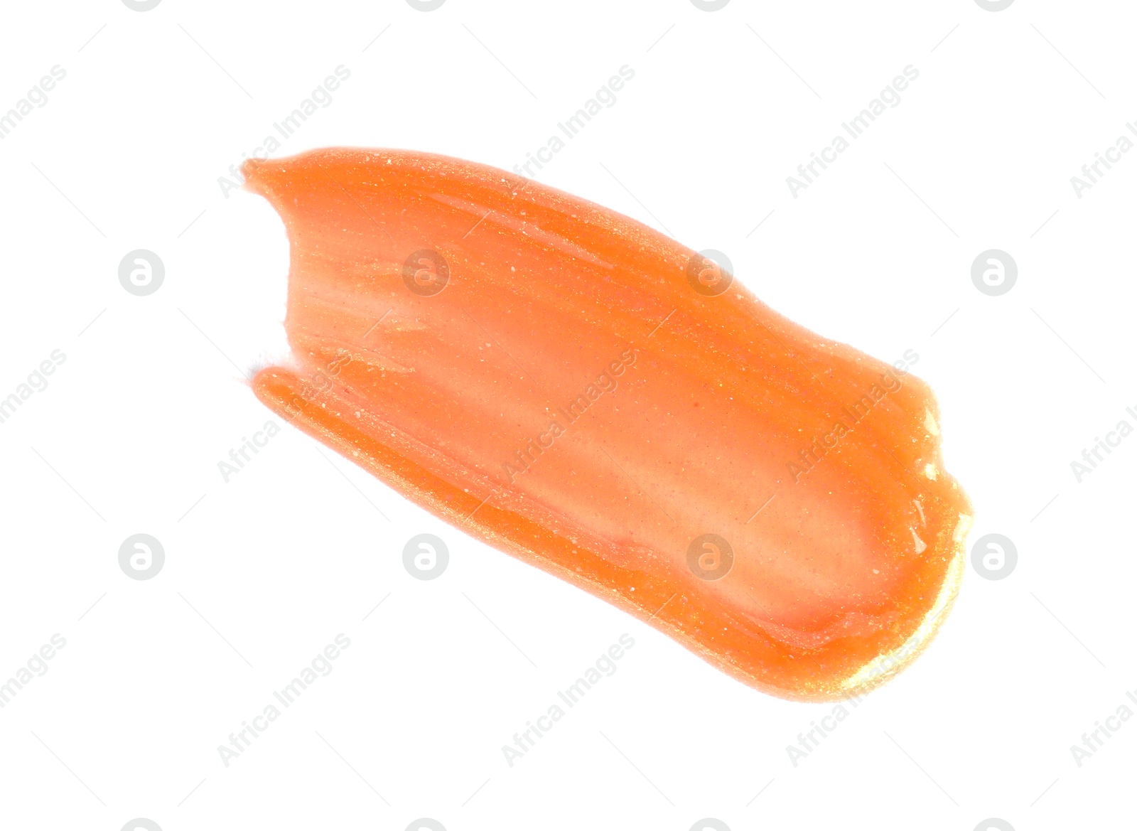 Photo of Sample of orange lipgloss isolated on white, top view