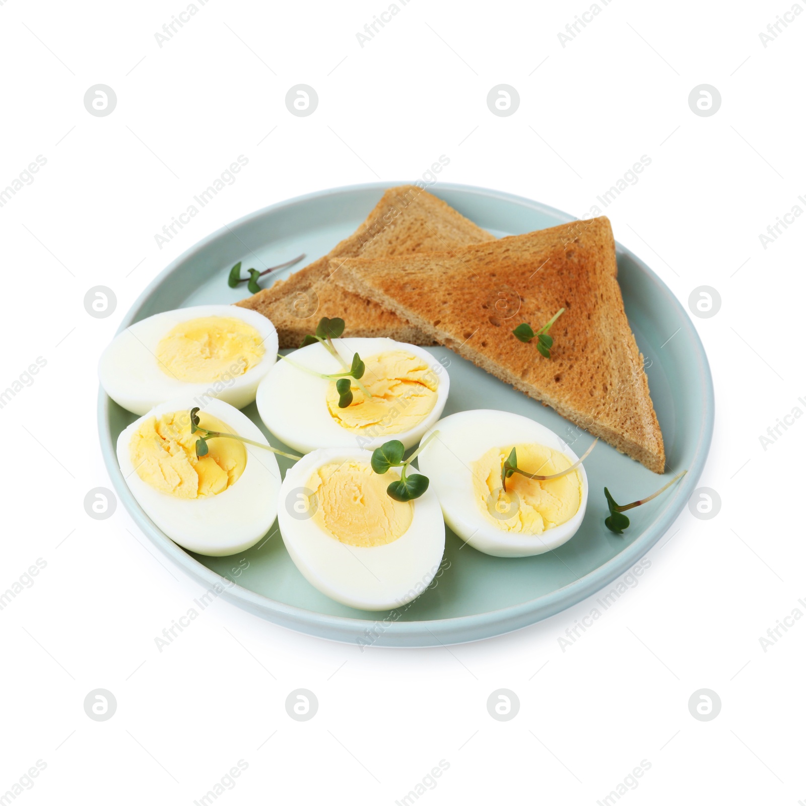 Photo of Halves of hard boiled eggs and bread isolated on white