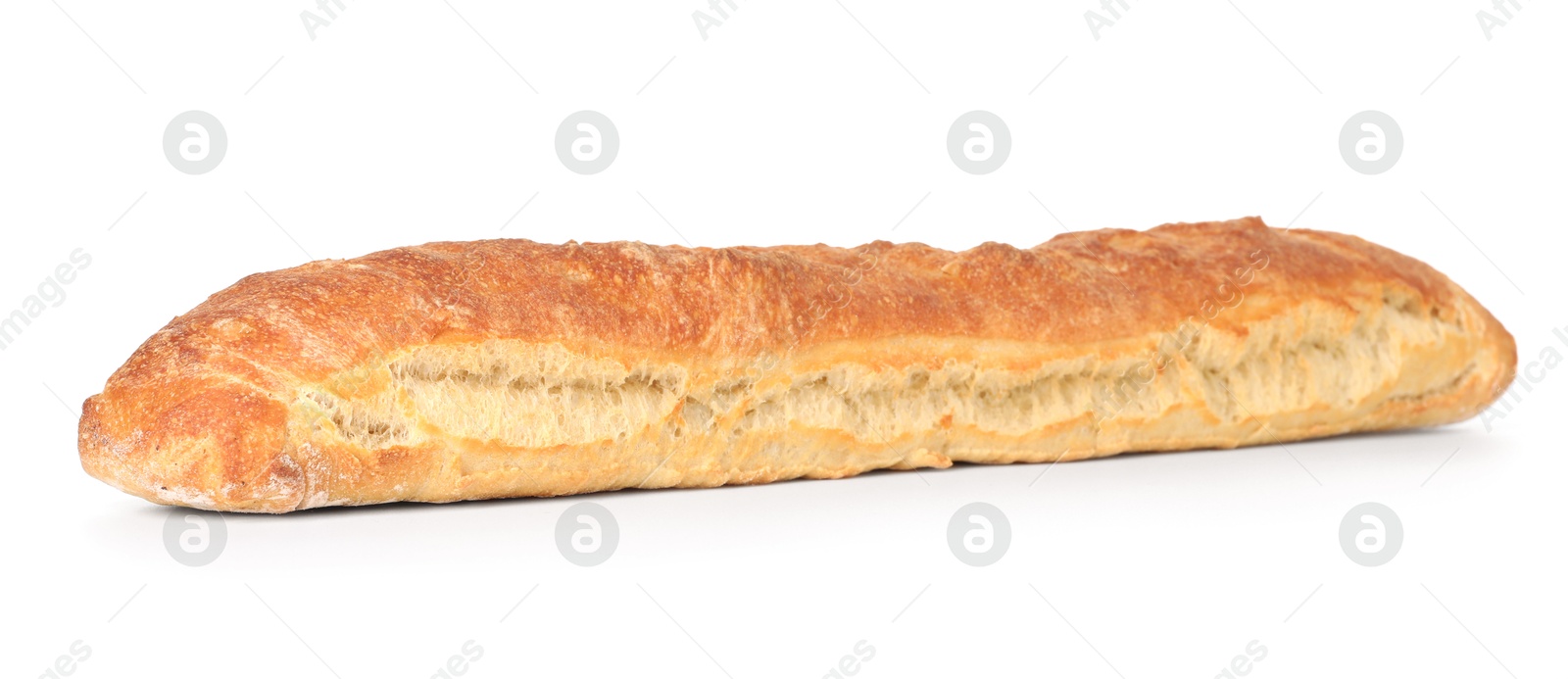 Photo of One freshly baked baguette isolated on white